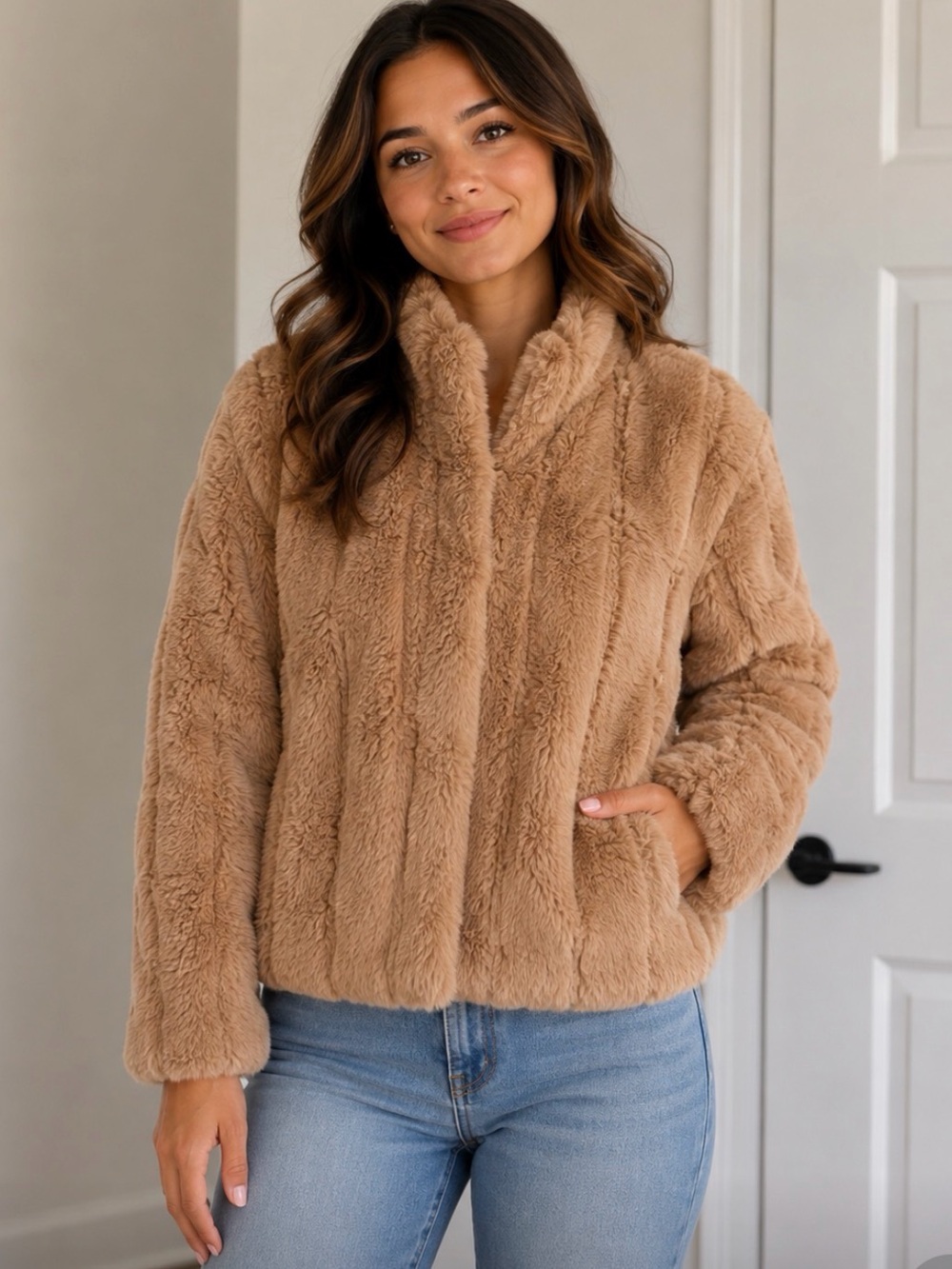Luxurious Faux Fur Teddy Jacket in Camel -